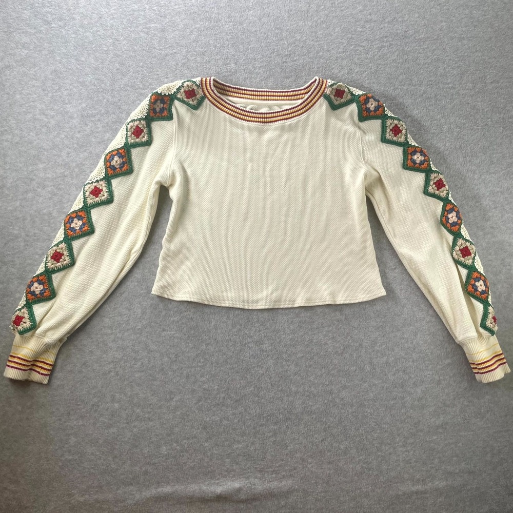 We the Free People Womens Large Cropped Thermal Top Cream Crochet Granny Square